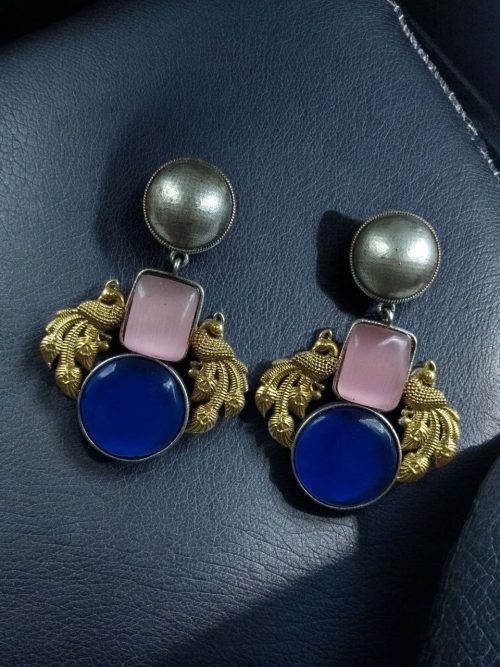 Elegant Peacock-Inspired Two-Tone Brass Earrings with Monalisa Stone – A Contemporary Choice for Every Occasion - Image 12