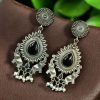 Oxidized silver plated elephant dangler earrings with pearl and stone