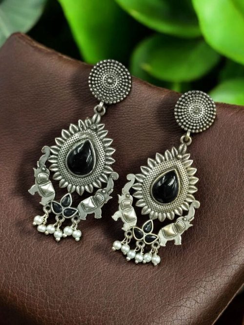 Oxidized silver plated elephant dangler earrings with pearl and stone