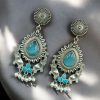 Oxidized silver plated elephant dangler earrings with pearl and stone