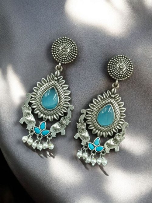 Oxidized silver plated elephant dangler earrings with pearl and stone