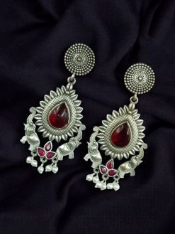 Oxidized silver plated elephant dangler earrings with pearl and stone