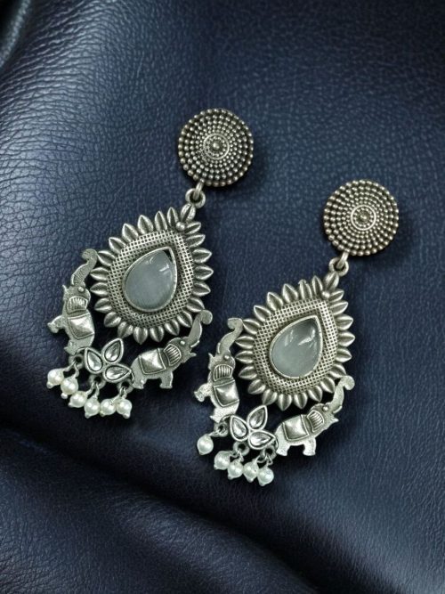 Oxidized silver plated elephant dangler earrings with pearl and stone