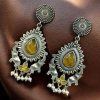 Oxidized silver plated elephant dangler earrings with pearl and stone