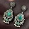 Oxidized silver plated elephant dangler earrings with pearl and stone