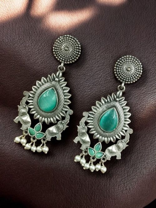 Oxidized silver plated elephant dangler earrings with pearl and stone