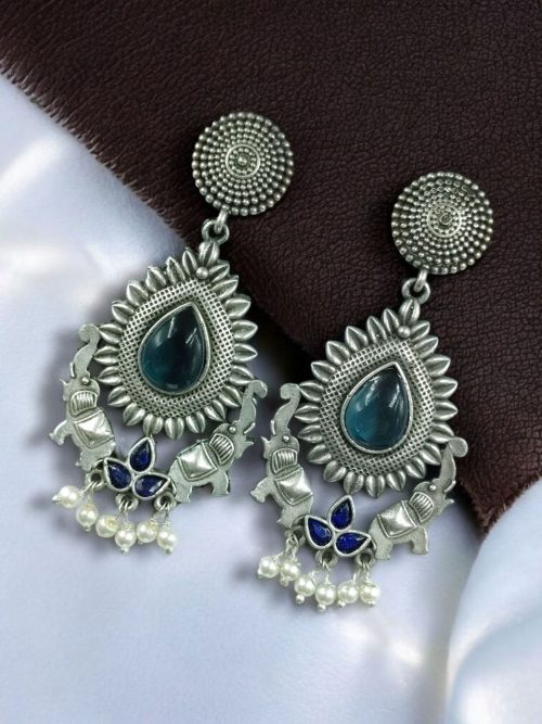 Oxidized silver plated elephant dangler earrings with pearl and stone