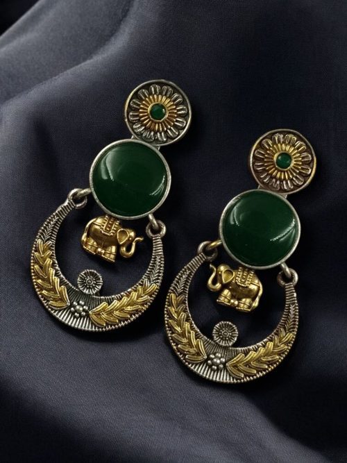 Two-tone ethnic elephant dangler earrings for women