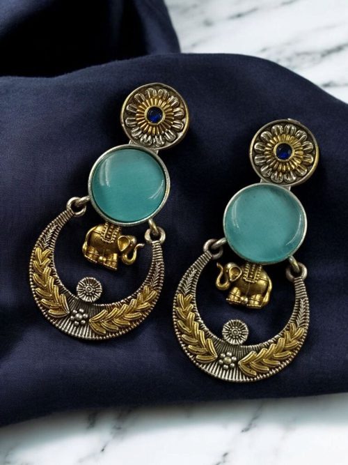 Two-tone ethnic elephant dangler earrings for women