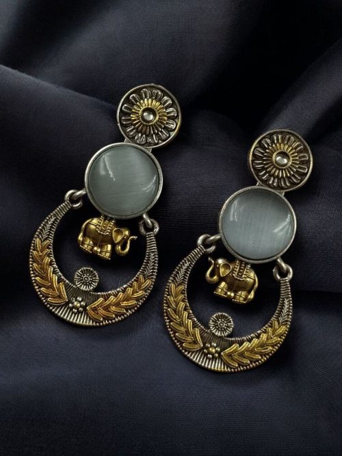 Two-tone ethnic elephant dangler earrings for women