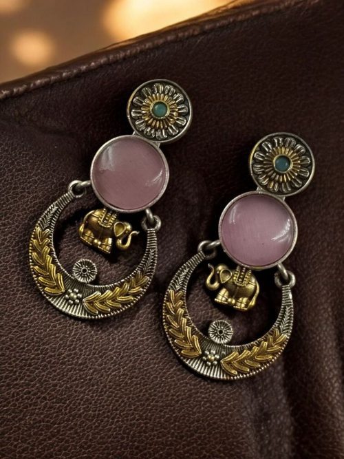 Two-tone ethnic elephant dangler earrings for women