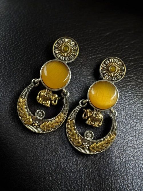 Two-tone ethnic elephant dangler earrings for women