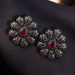 Oxidized Best Silver Plated Flower Stud Earrings with Stone Work – Elegant Ethnic Jewelry - "Red"