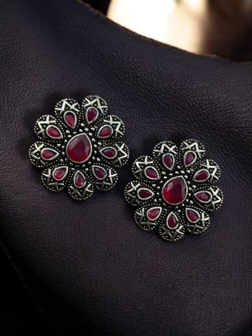 Oxidized silver plated flower stud earrings with stone work