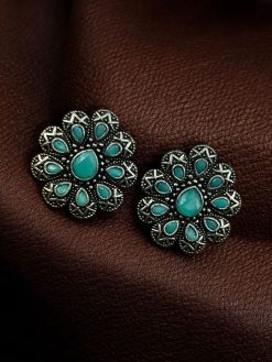 Oxidized silver plated flower stud earrings with stone work
