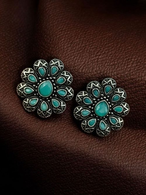Oxidized silver plated flower stud earrings with stone work