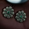 Oxidized silver plated flower stud earrings with stone work