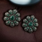 Oxidized Best Silver Plated Flower Stud Earrings with Stone Work – Elegant Ethnic Jewelry - "Green"
