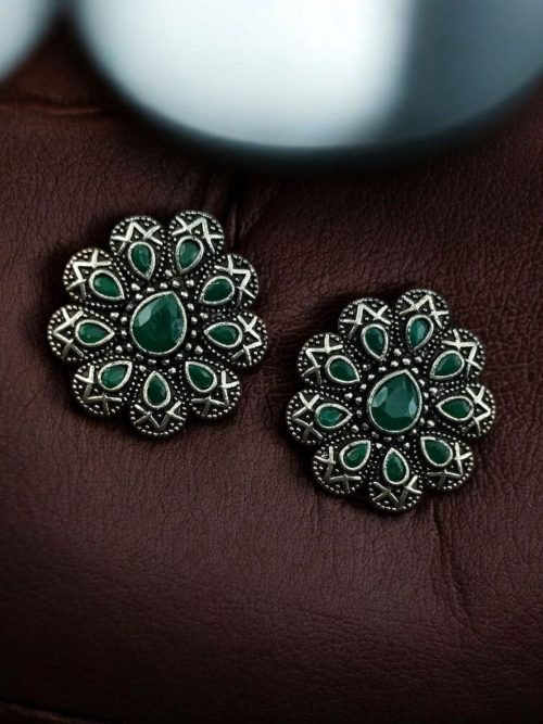 Oxidized silver plated flower stud earrings with stone work