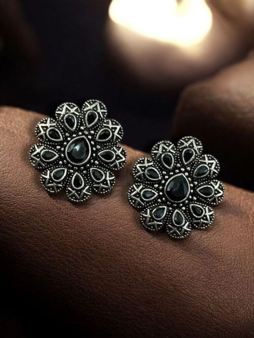 Oxidized silver plated flower stud earrings with stone work