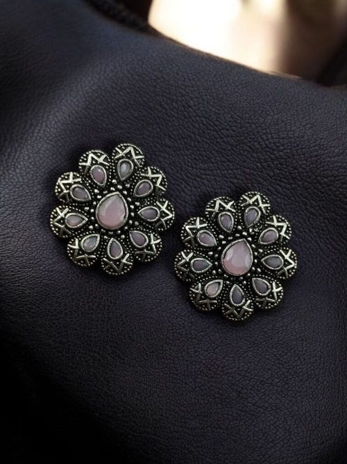Oxidized silver plated flower stud earrings with stone work