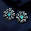 Oxidized silver plated flower stud earrings with stone work