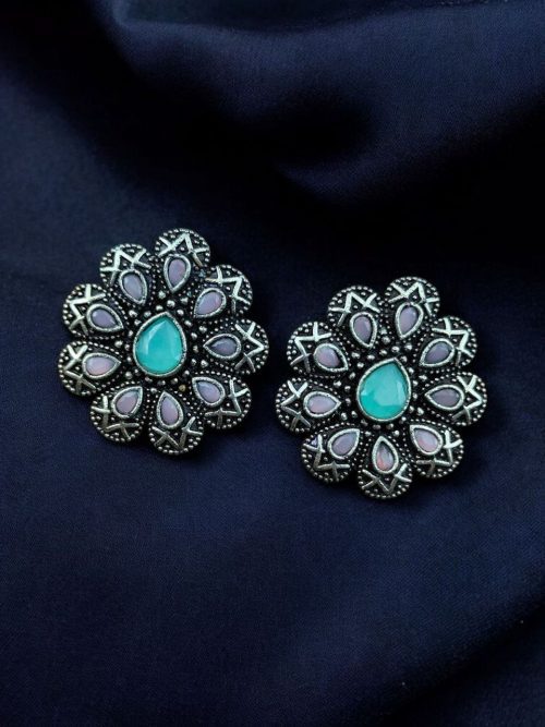 Oxidized silver plated flower stud earrings with stone work