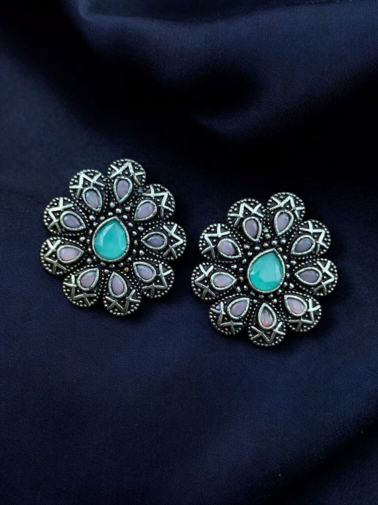 Bulk 368 Oxidized Best Silver Plated Flower Stud Earrings with Stone Work – Elegant Ethnic Jewelry - "Baby Pink-Mint"