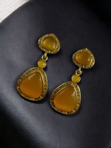 Gold Plated Dangler Earrings with Monalisa Stone – Unique Designer Jewelry for Women - color: "Yellow"