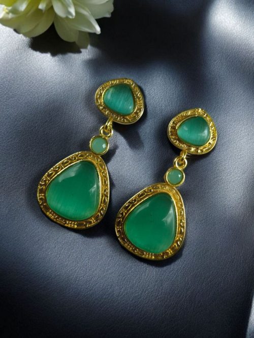 Gold plated Monalisa stone dangler earrings – ethnic and designer jewelry for women.