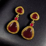 Gold Plated Dangler Earrings with Monalisa Stone – Unique Designer Jewelry for Women - "Red"