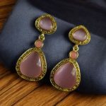 Gold Plated Dangler Earrings with Monalisa Stone – Unique Designer Jewelry for Women - "Baby Pink"