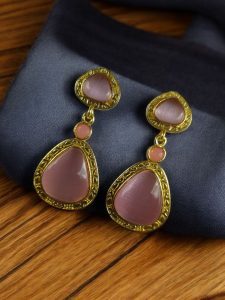 Gold Plated Dangler Earrings with Monalisa Stone – Unique Designer Jewelry for Women - color: "Baby Pink"
