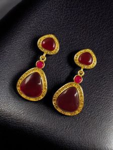 Gold Plated Dangler Earrings with Monalisa Stone – Unique Designer Jewelry for Women - color: "Red"