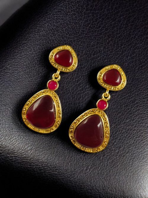 Gold plated Monalisa stone dangler earrings – ethnic and designer jewelry for women.