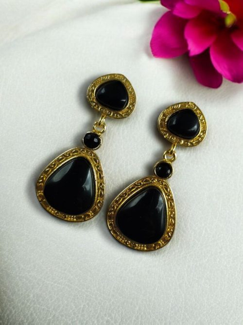 Gold plated Monalisa stone dangler earrings – ethnic and designer jewelry for women.