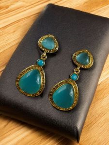 Gold Plated Dangler Earrings with Monalisa Stone – Unique Designer Jewelry for Women - color: "Aqua"