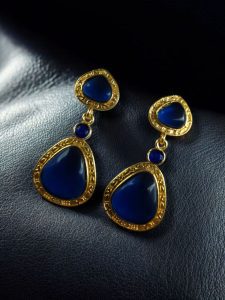 Gold Plated Dangler Earrings with Monalisa Stone – Unique Designer Jewelry for Women - color: "Blue"