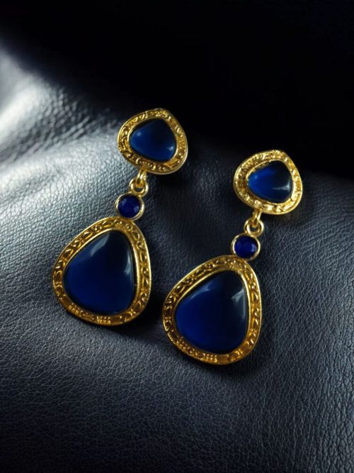Gold plated Monalisa stone dangler earrings – ethnic and designer jewelry for women.
