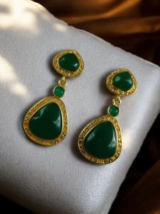 Gold Plated Dangler Earrings with Monalisa Stone – Unique Designer Jewelry for Women - color: "Green"