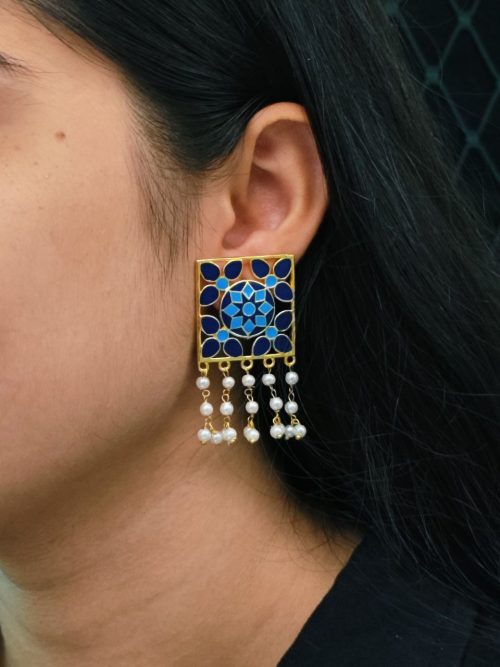 Premium gold plated brass Meenakari stud earrings with vibrant enamel detailing, perfect for traditional and festive occasions.