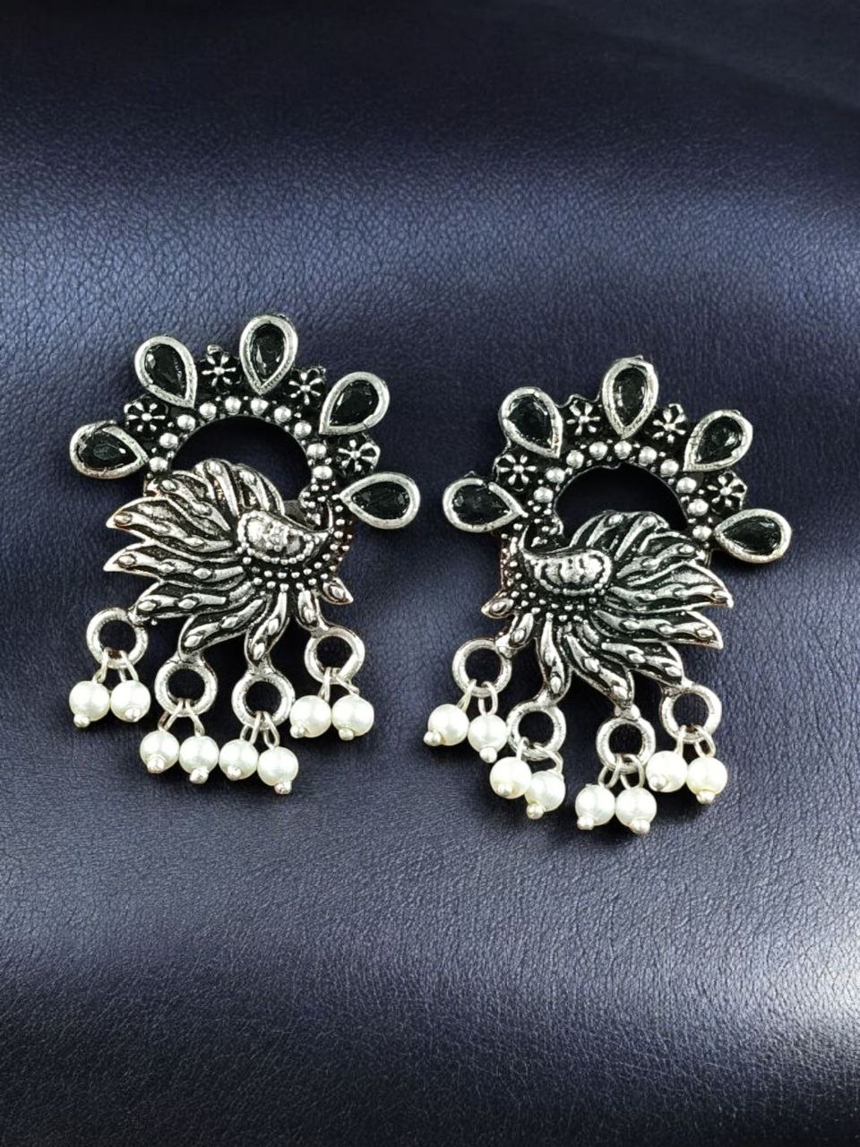 Elegant Peacock Stone Earrings – Silver-Plated Brass to Enhance Your Festive Style 10 Silver-plated brass peacock stone earrings adorned with colorful stones, perfect for festive occasions