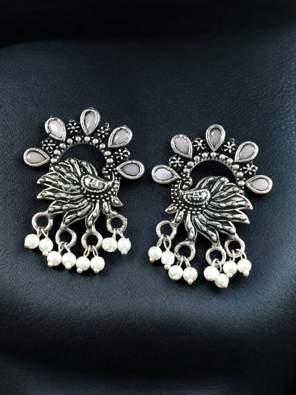 Elegant Peacock Stone Earrings – Silver-Plated Brass to Enhance Your Festive Style 7 Silver-plated brass peacock stone earrings adorned with colorful stones, perfect for festive occasions