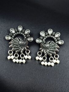 Elegant Peacock Stone Earrings – Silver-Plated Brass to Enhance Your Festive Style - color: "White"
