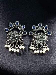 Elegant Peacock Stone Earrings – Silver-Plated Brass to Enhance Your Festive Style - color: "Blue"
