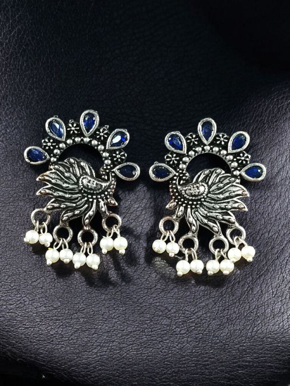 Elegant Peacock Stone Earrings – Silver-Plated Brass to Enhance Your Festive Style 8 Silver-plated brass peacock stone earrings adorned with colorful stones, perfect for festive occasions