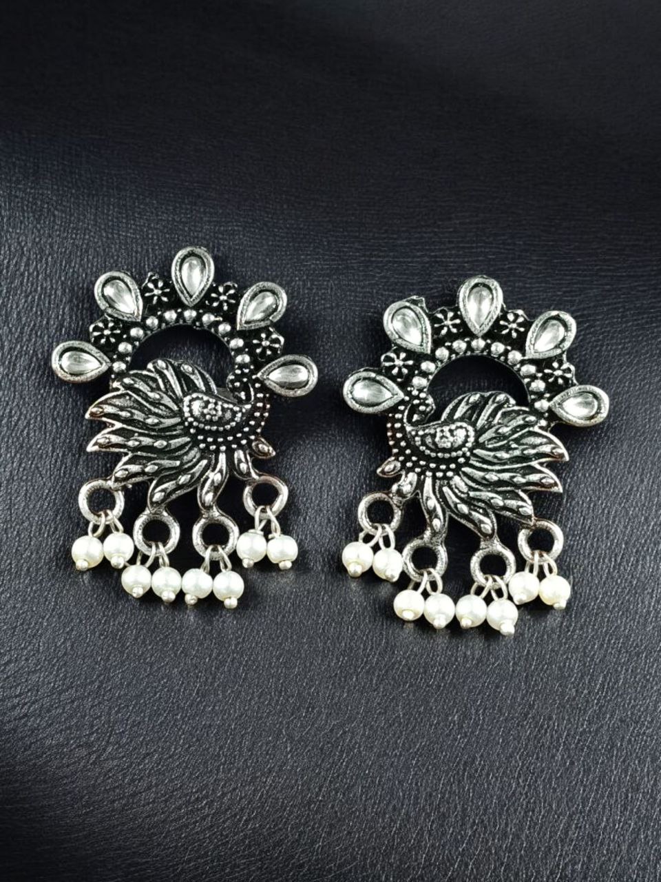 Elegant Peacock Stone Earrings – Silver-Plated Brass to Enhance Your Festive Style 9 Silver-plated brass peacock stone earrings adorned with colorful stones, perfect for festive occasions