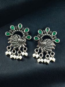 Elegant Peacock Stone Earrings – Silver-Plated Brass to Enhance Your Festive Style - color: "Green"