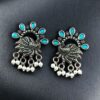 Elegant Peacock Stone Earrings – Silver-Plated Brass to Enhance Your Festive Style 14 Silver-plated brass peacock stone earrings adorned with colorful stones, perfect for festive occasions