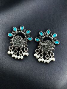 Elegant Peacock Stone Earrings – Silver-Plated Brass to Enhance Your Festive Style - color: "Aqua"